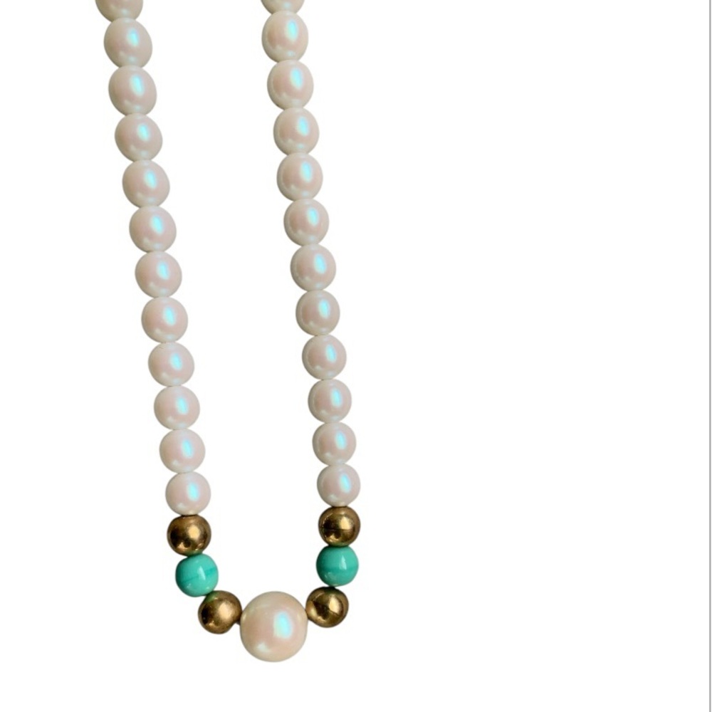 Vintage 1928 marked Pearl Turquoise and Gold Bead Necklace Screw on 30”L